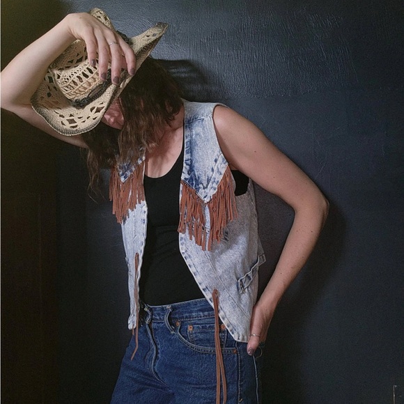 Bazerk Jackets & Blazers - Western 80’s Stone Washed  Fringe Denim Vest by Bazerk Medium